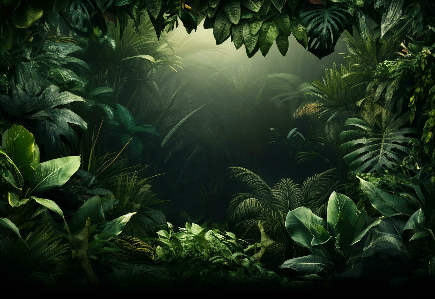 magnifique jungle Contexte avec frontière fabriqué de tropical feuilles toile de fond avec copie espace photo