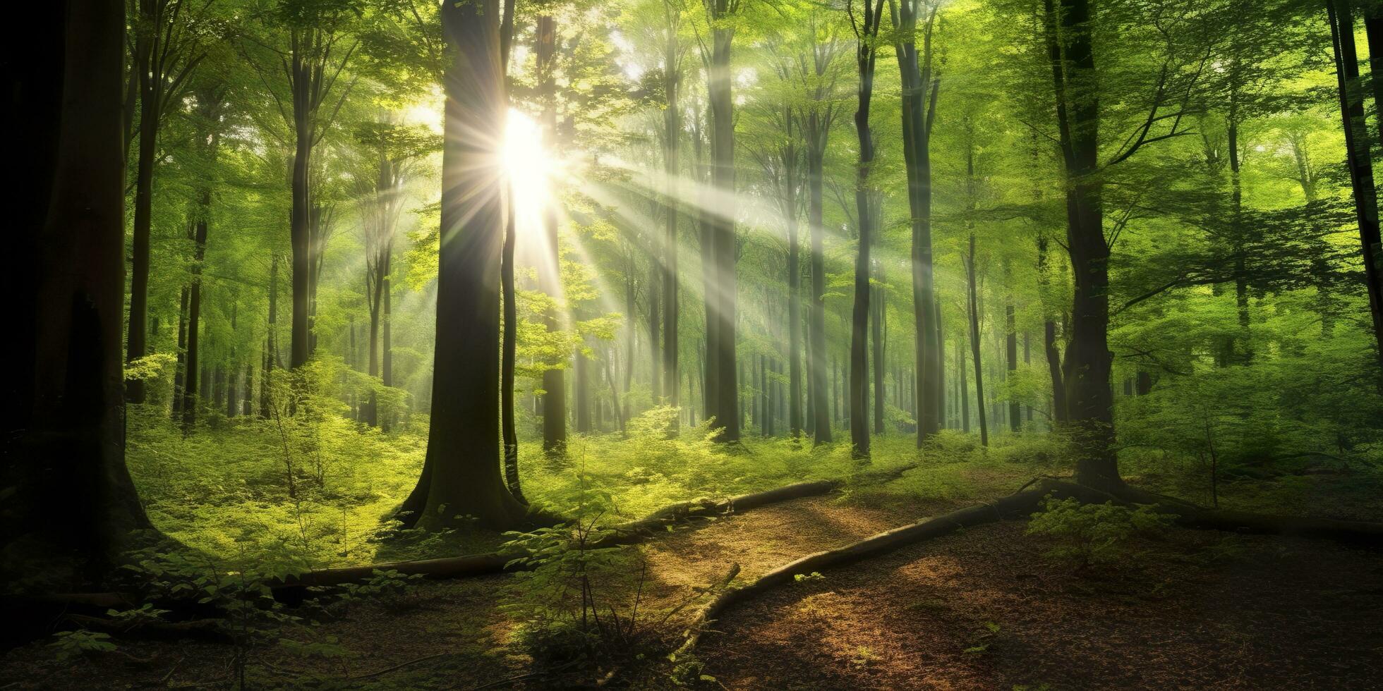 magnifique des rayons de lumière du soleil dans une vert forêt. génératif ai photo