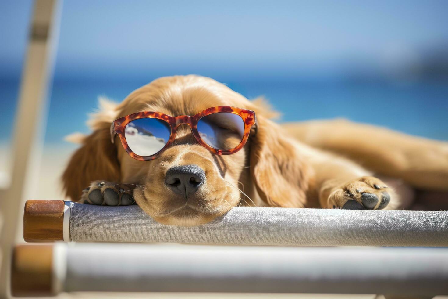 chien chiot portant des lunettes de soleil, mensonge sur une transat à bain de soleil à le plage mer sur été vacances, vacances. marrant concept. ai génératif photo