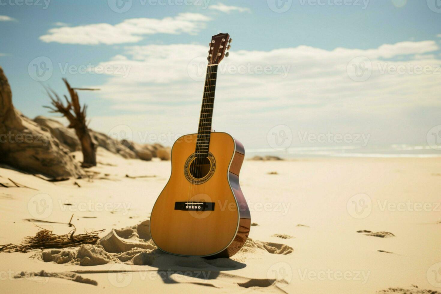 une seul acoustique guitare des stands grand, sérénade le sables avec ses mélodies. ai généré photo