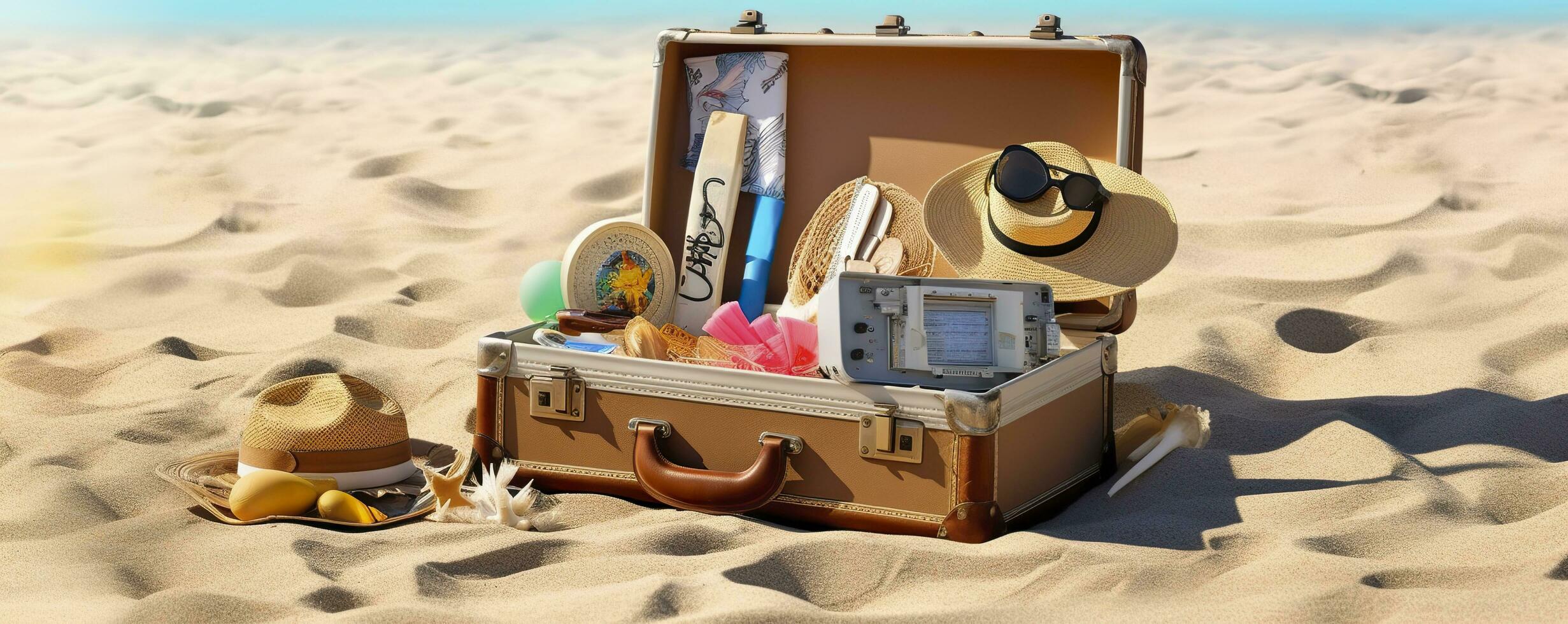 plage préparation, accessoires dans valise sur sable. génératif ai photo