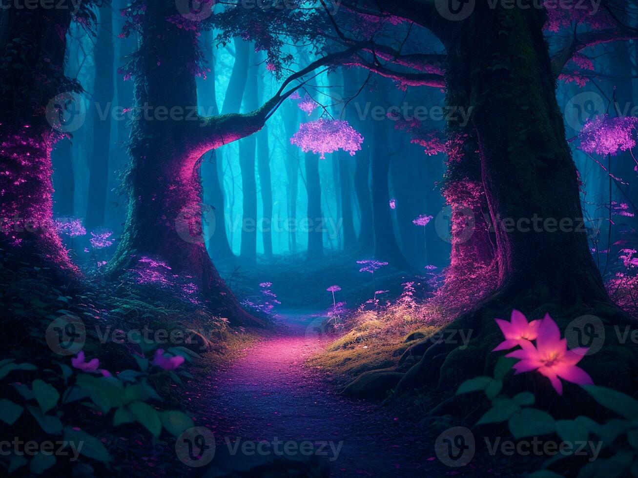 foncé forêt dans le nuit, néon couleurs. génératif ai photo