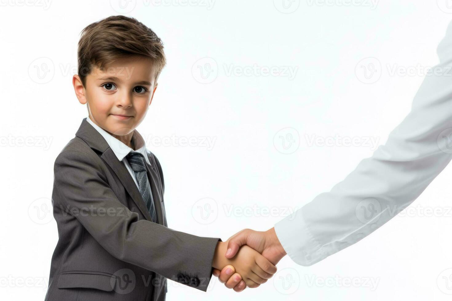 une timide enfant éviter œil contact pendant une poignée de main isolé sur une blanc Contexte photo
