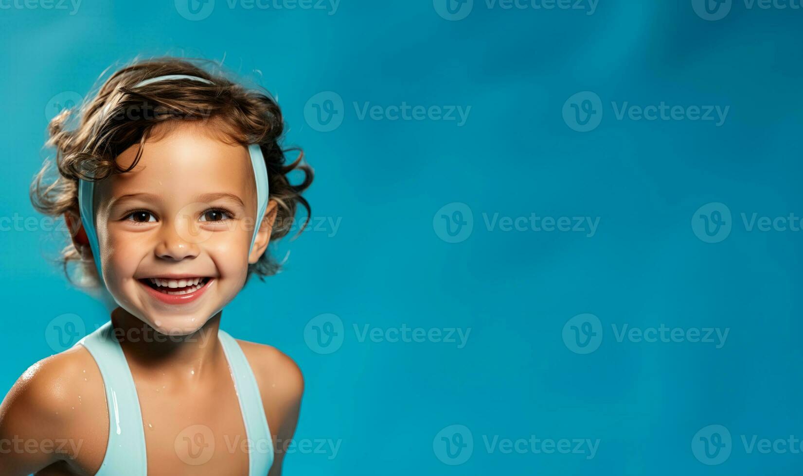 une enfant prise premier nager leçon isolé sur une bleu pente Contexte photo