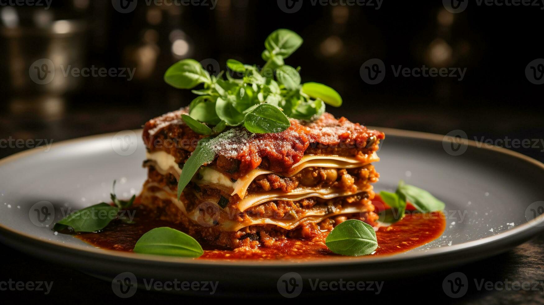 photo de végétalien lasagne comme une plat dans une haut de gamme restaurant. génératif ai