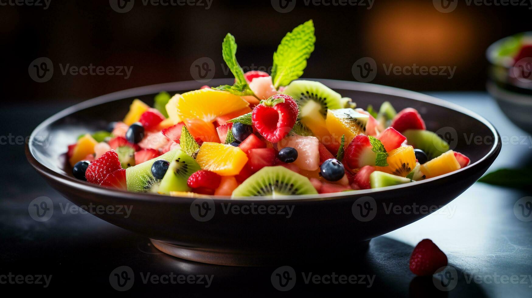 photo de tropical fruit salade avec citron vert-menthe pansement comme une plat dans une haut de gamme restaurant. génératif ai