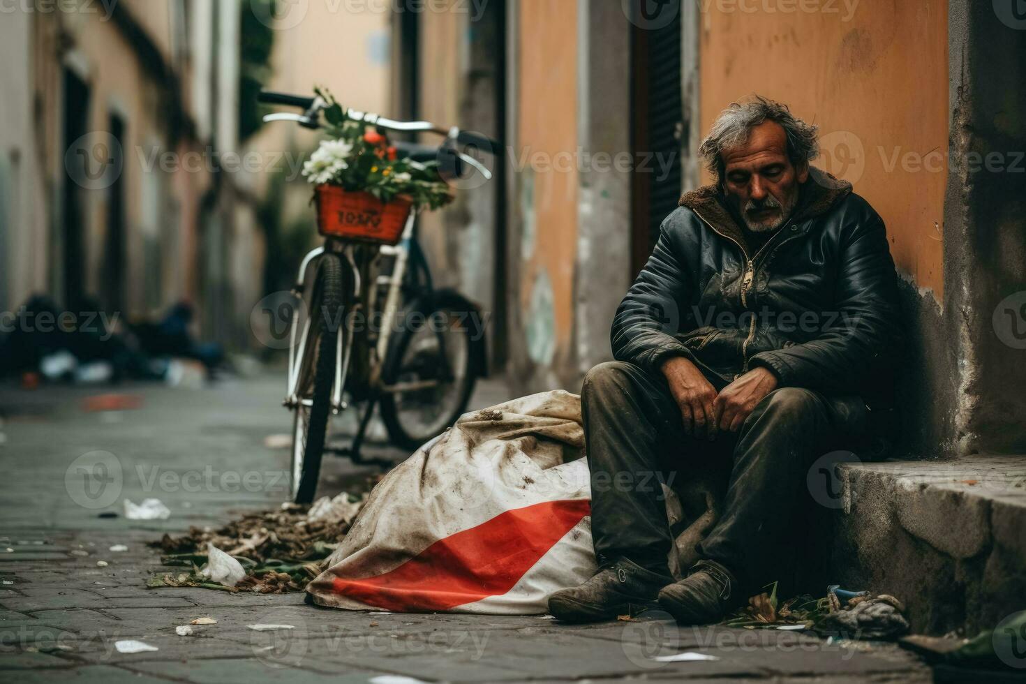 sans abri homme dort sur le chaussée dans le Italie cache derrière le italien drapeau photo