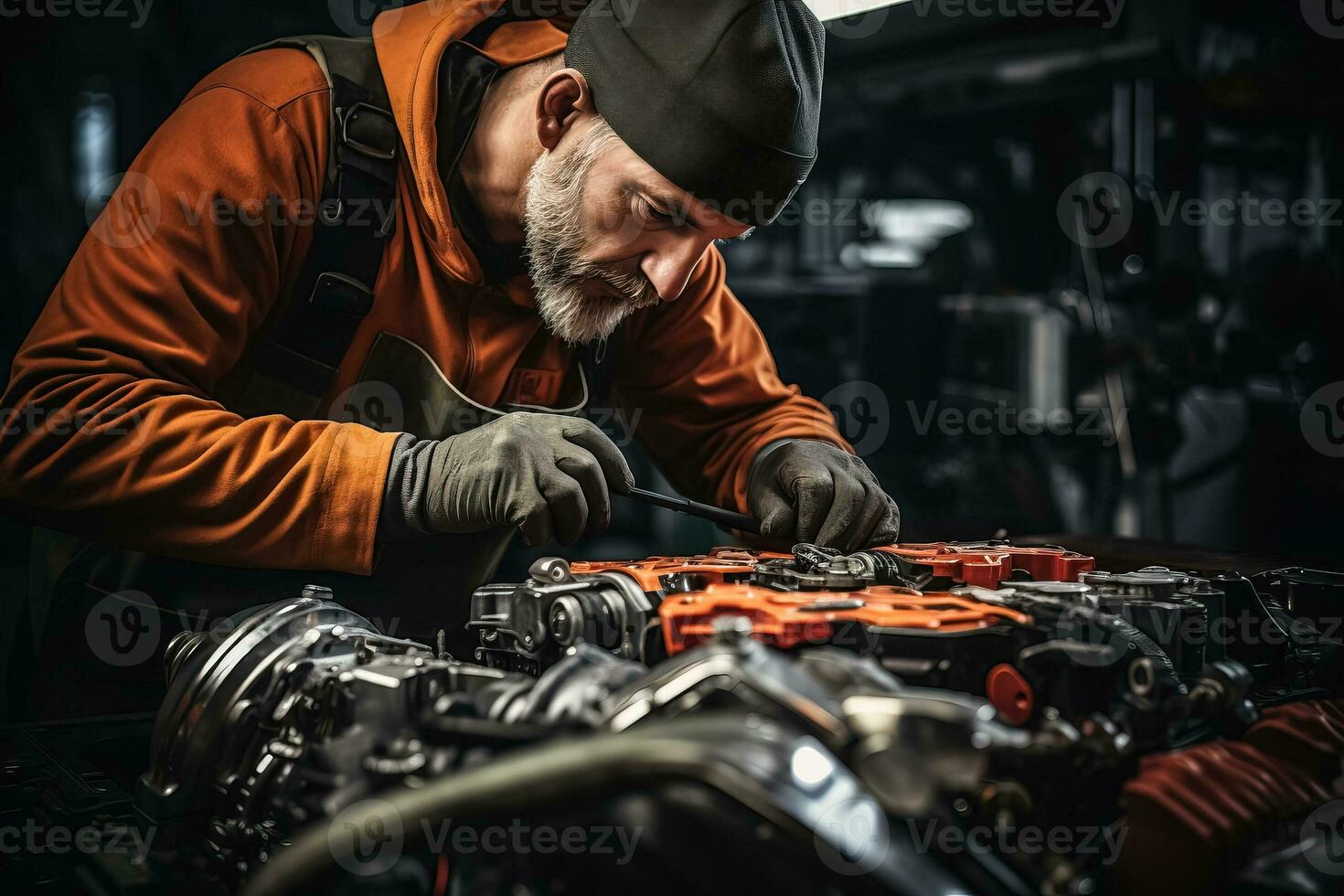 Masculin mécanique mains travail sur une voiture moteur avec atelier Contexte photo