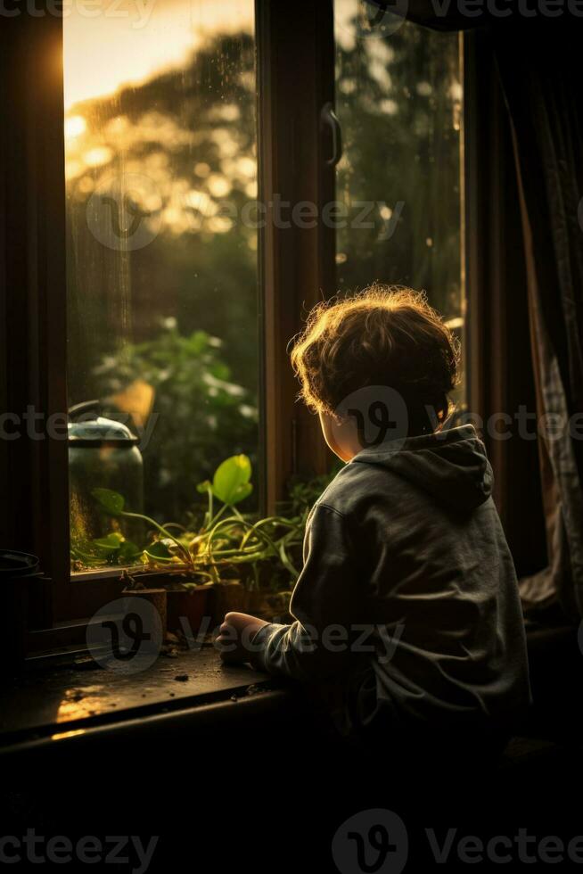 solitaire enfant séance par le fenêtre perdu dans Profond silencieux pensée photo