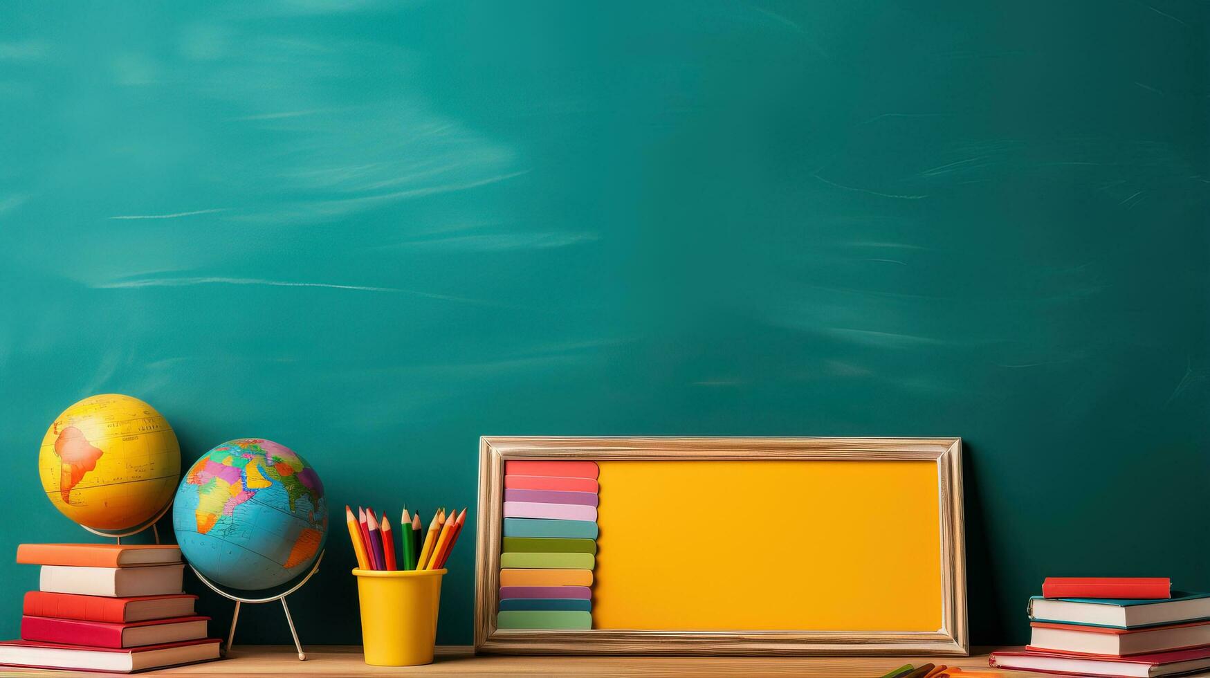 une groupe de excité élèves supporter dans de face de une coloré tableau noir prêt pour une Nouveau école année photo