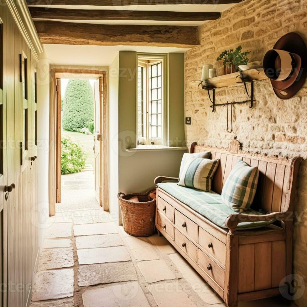 vieux chalet couloir décor, intérieur conception et maison amélioration, antique entrée meubles, escalier et entrée salle Accueil décor dans un Anglais pays maison style, génératif ai photo