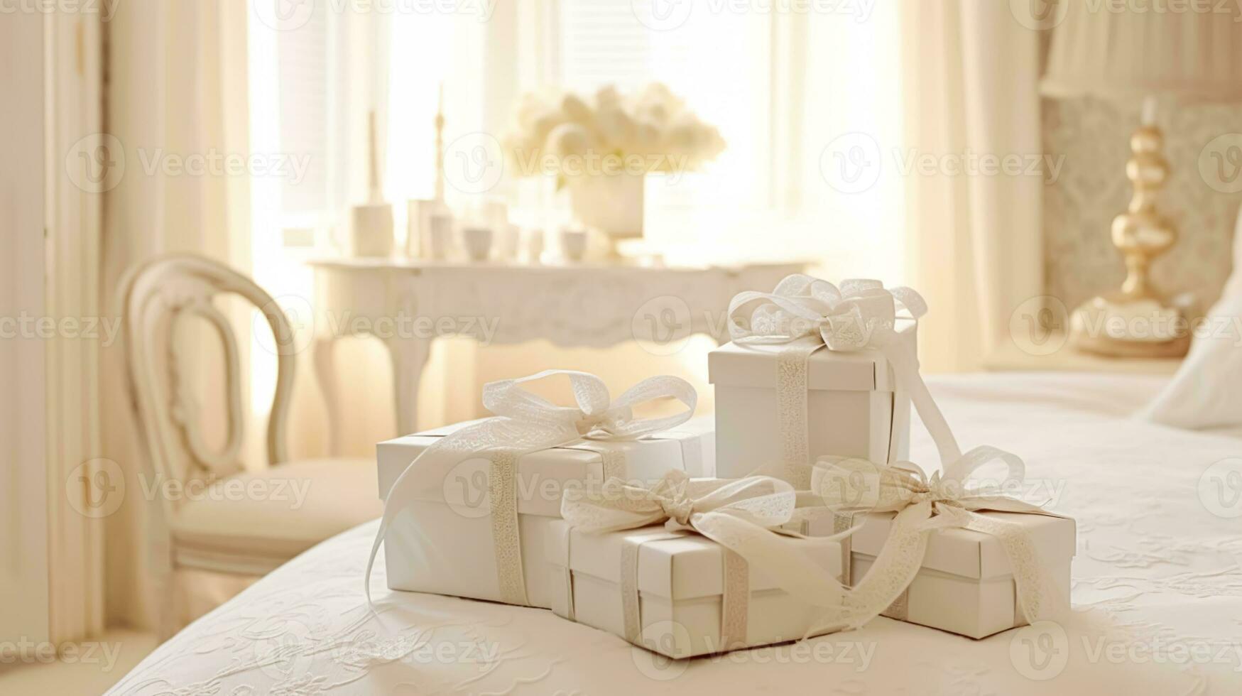 mariage cadeaux et fleurs dans un élégant blanc chambre à coucher, génératif ai photo