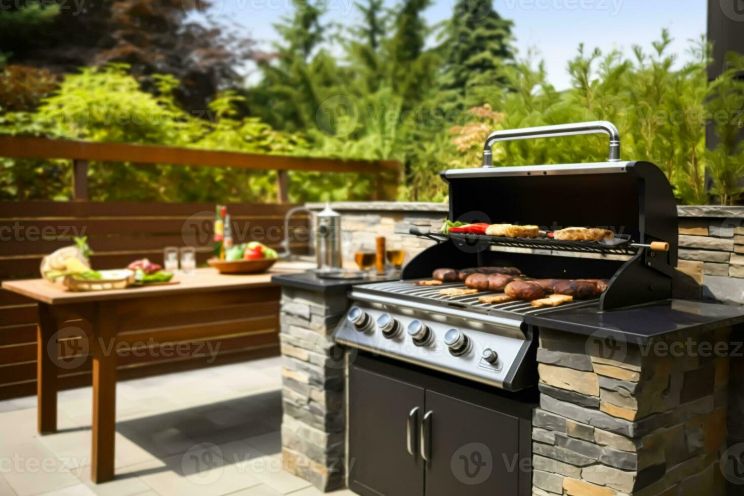 moderne barbecue gril dans le arrière-cour jardin en plein air, patio conception, post-traité, génératif ai photo