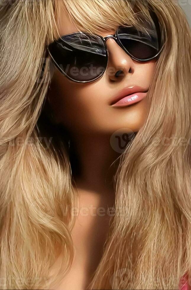 luxe mode, Voyage et beauté visage portrait de Jeune blond femme, portant élégant des lunettes de soleil, bronzé peau et longue plage vagues coiffure, été accessoire et charme style photo