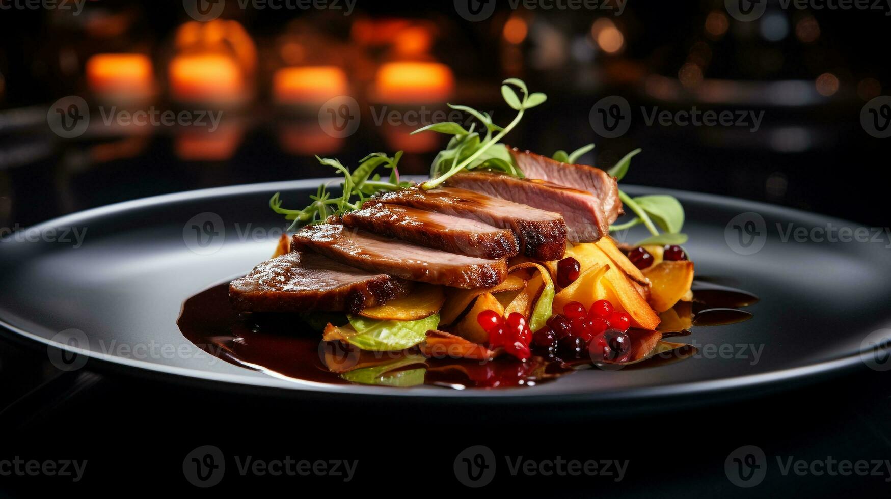 photo de rôti canard comme une plat dans une haut de gamme restaurant. génératif ai