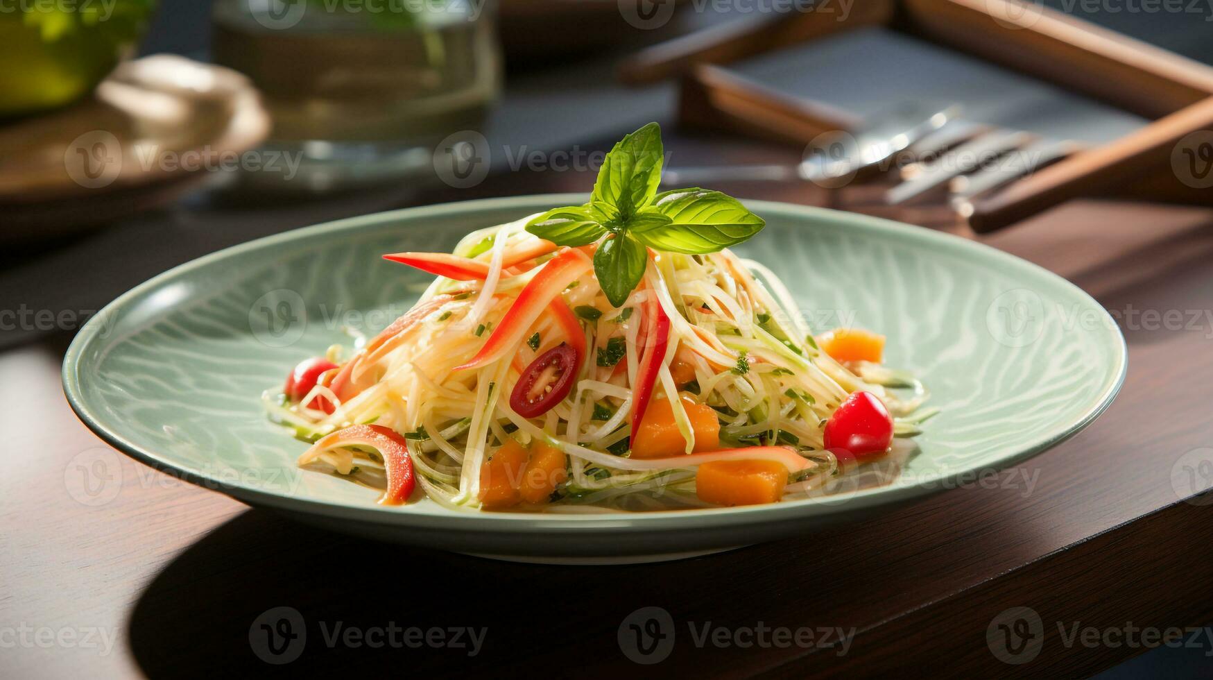 photo de vert Papaye salade comme une plat dans une haut de gamme restaurant. génératif ai