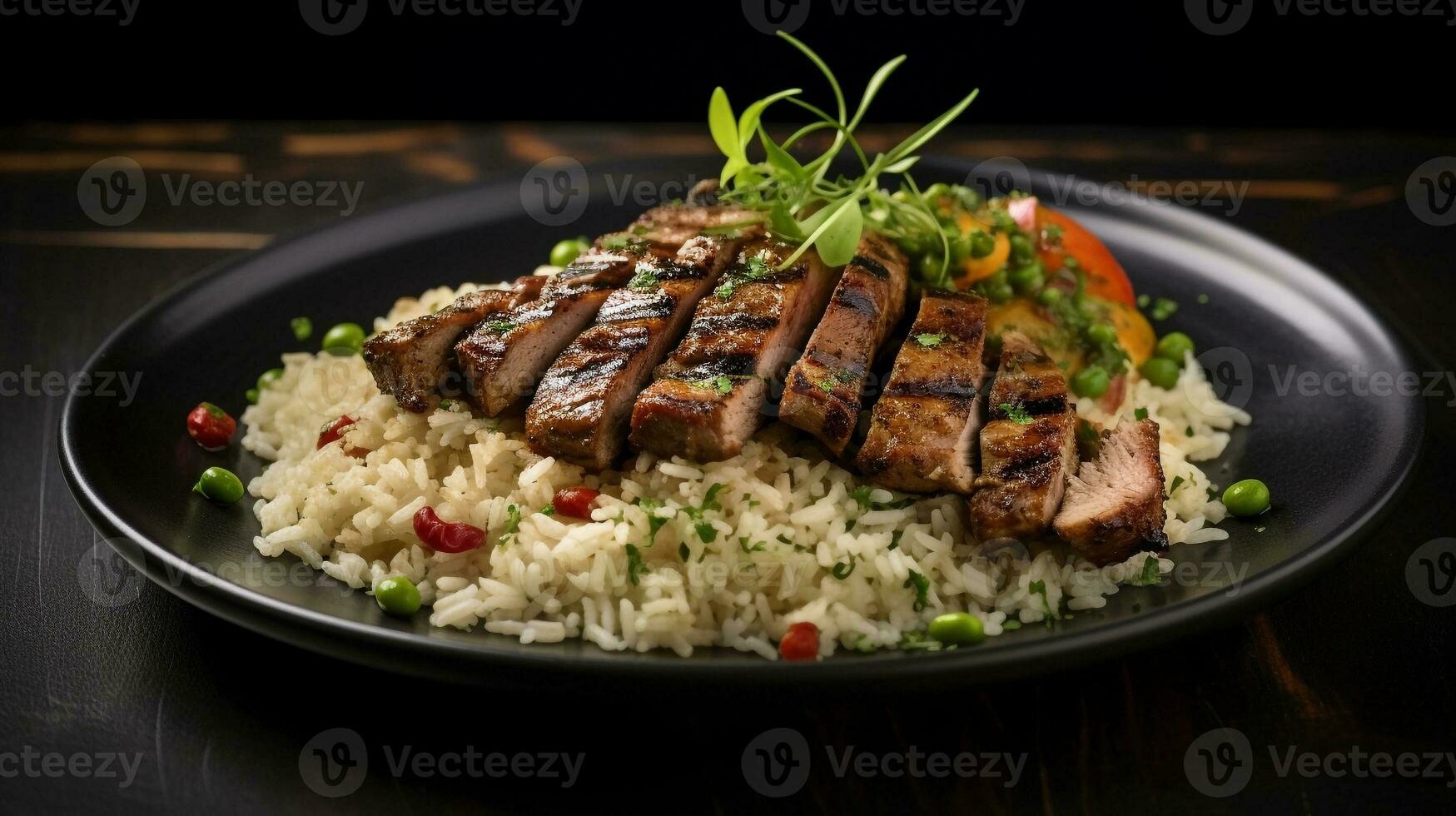 photo de secousse porc avec riz et pois comme une plat dans une haut de gamme restaurant. génératif ai