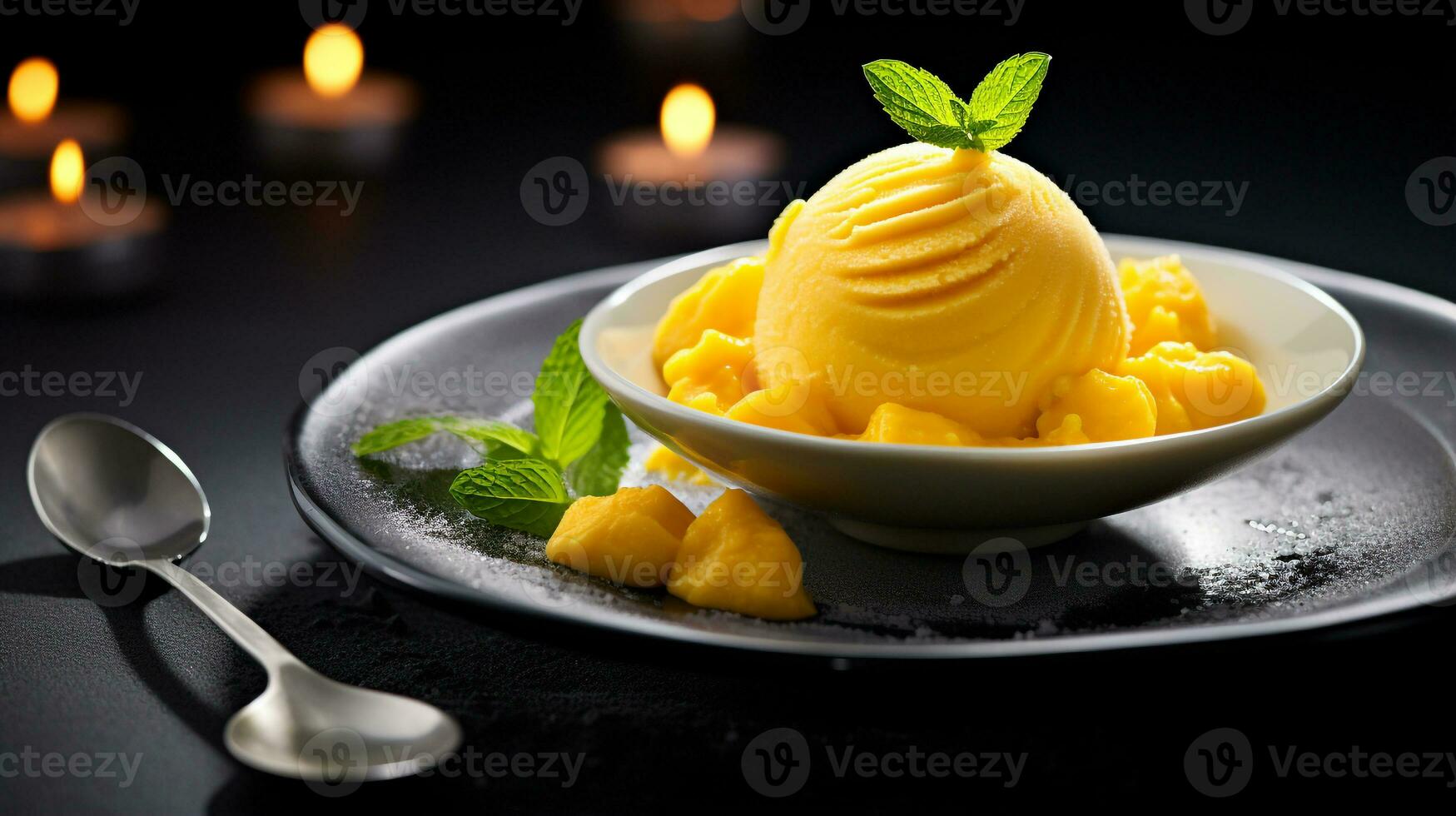 photo de mangue sorbet comme une plat dans une haut de gamme restaurant. génératif ai