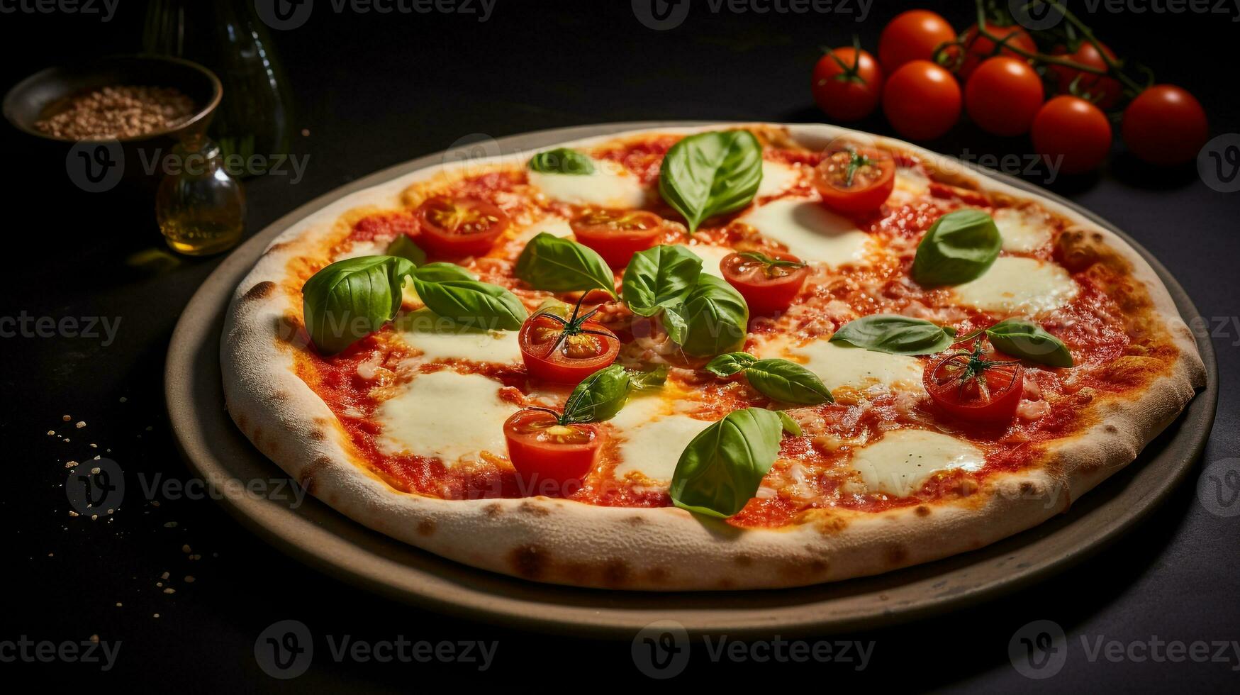 photo de margherita Pizza comme une plat dans une haut de gamme restaurant. génératif ai