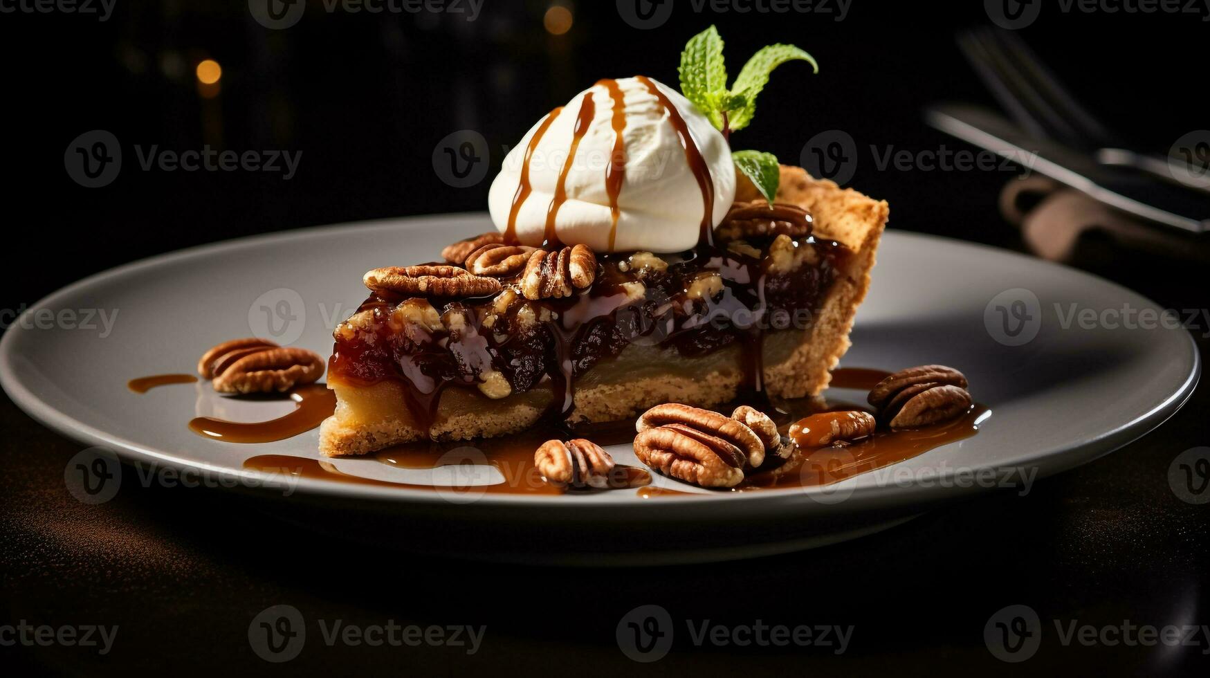 photo de noix de pécan tarte comme une plat dans une haut de gamme restaurant. génératif ai