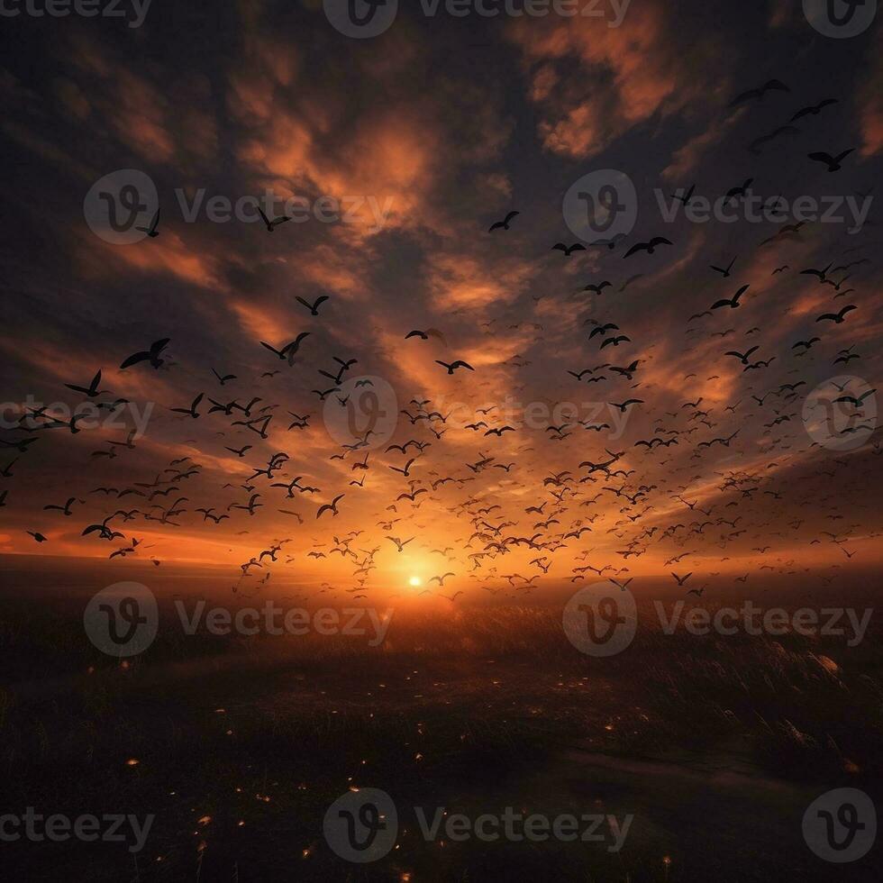 spectaculaire troupeau de des oiseaux en volant dans le coucher de soleil, établi avec génératif ai photo