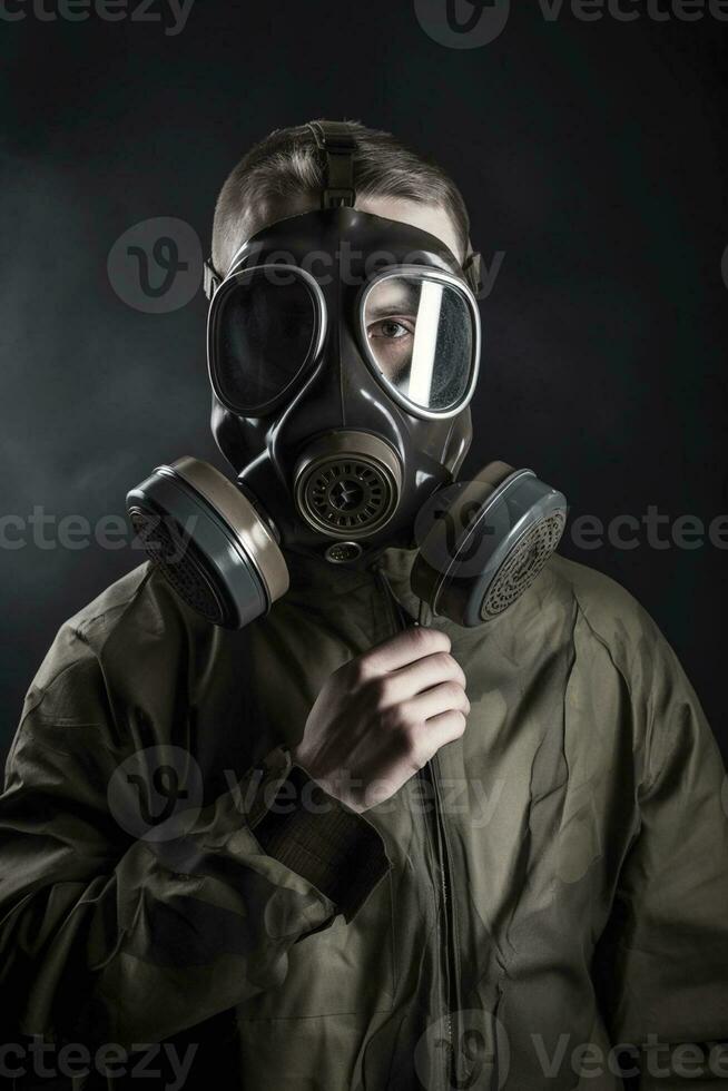 homme avec une gaz masque, établi avec génératif ai photo