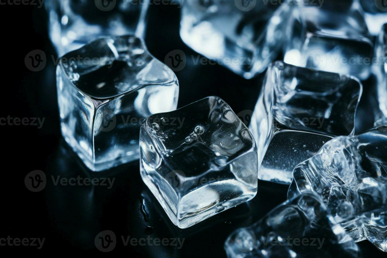 brillant la glace cubes sur une noir surface fournir une Toile pour copie ai généré photo