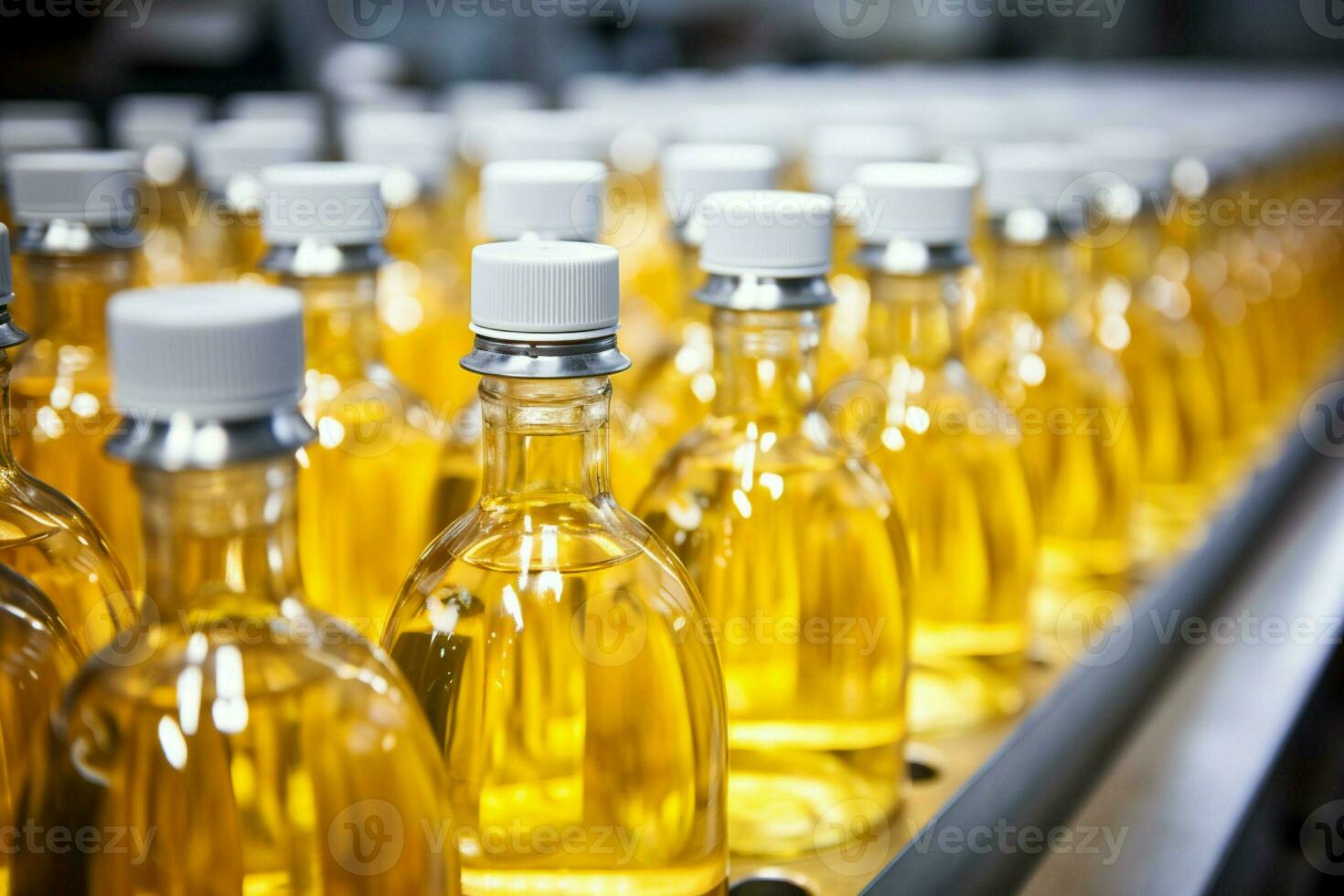 Frais Pomme et ananas jus étant rempli dans verre bouteilles sur le production ligne ai généré photo