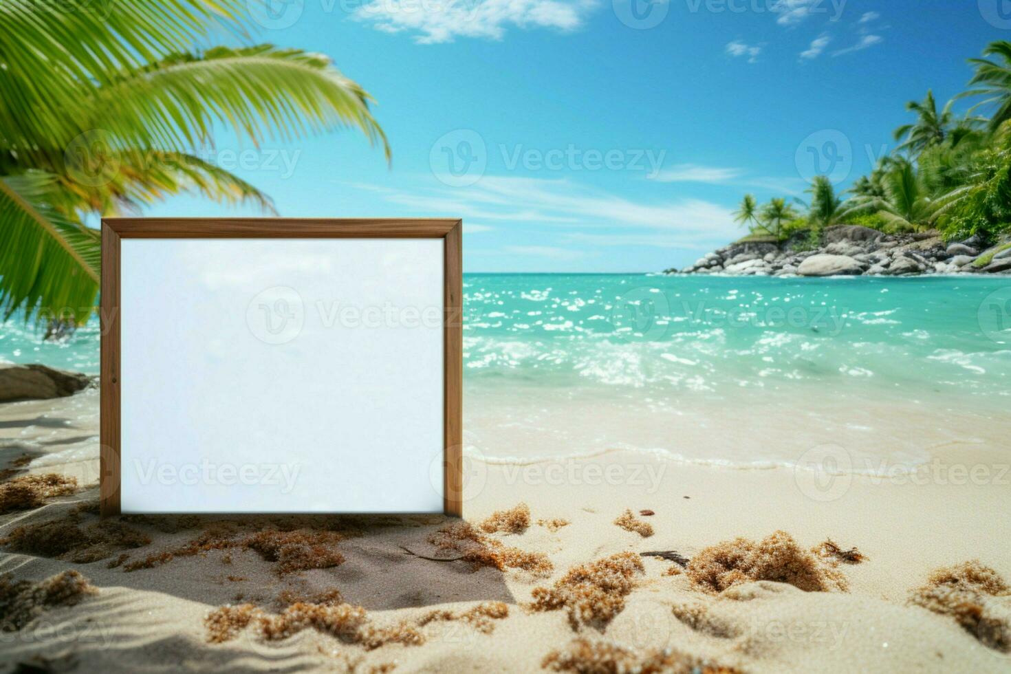 été va-t-en la perfection paume bordé plage, Azur océan, et une tableau blanc pour la créativité ai généré photo