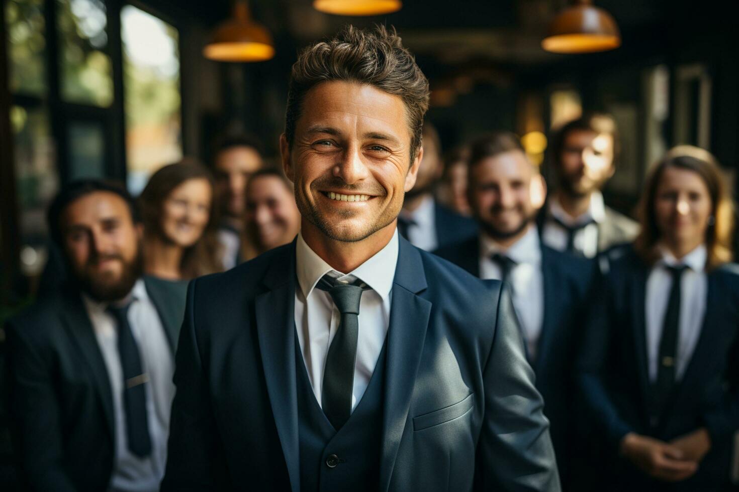 ai génératif groupe de content affaires homme et affaires femmes, habillé dans costume sont souriant, dans le Bureau photo