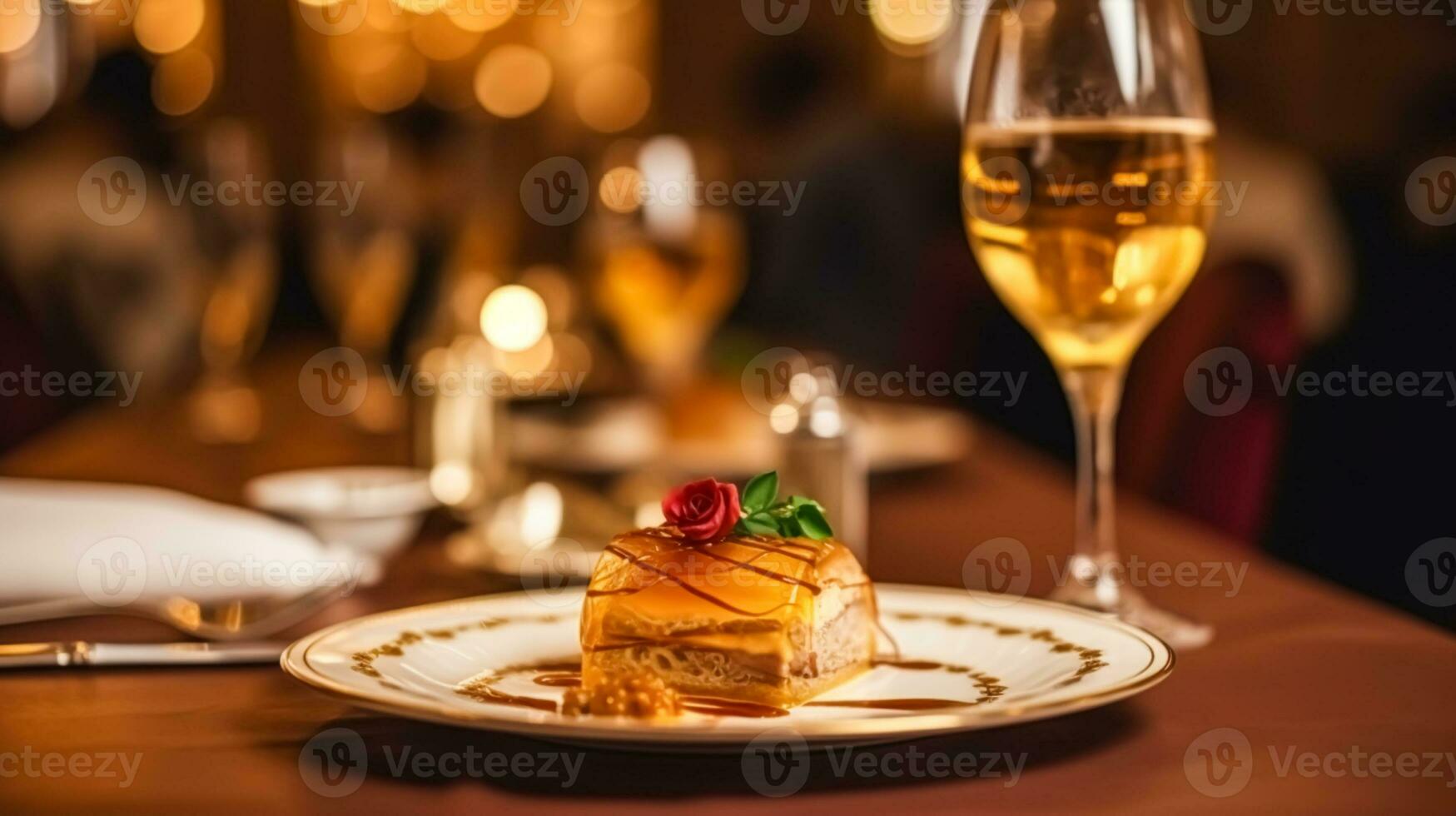 luxe nourriture service, apéritifs et desserts servi à une restaurant ou formel dîner un événement dans classique Anglais style dans le luxueux Hôtel ou pays domaine, génératif ai photo