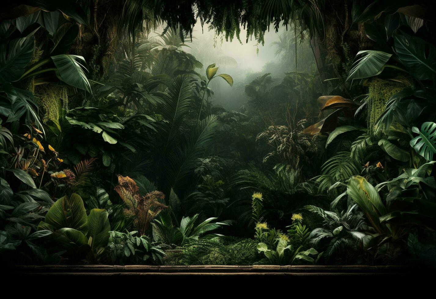 magnifique jungle Contexte avec frontière fabriqué de tropical feuilles toile de fond avec copie espace photo