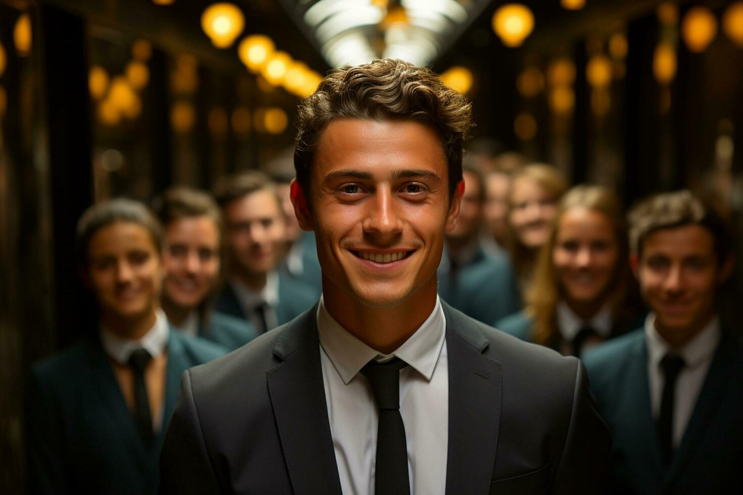 ai génératif groupe de content affaires homme et affaires femmes, habillé dans costume sont souriant, dans le Bureau photo