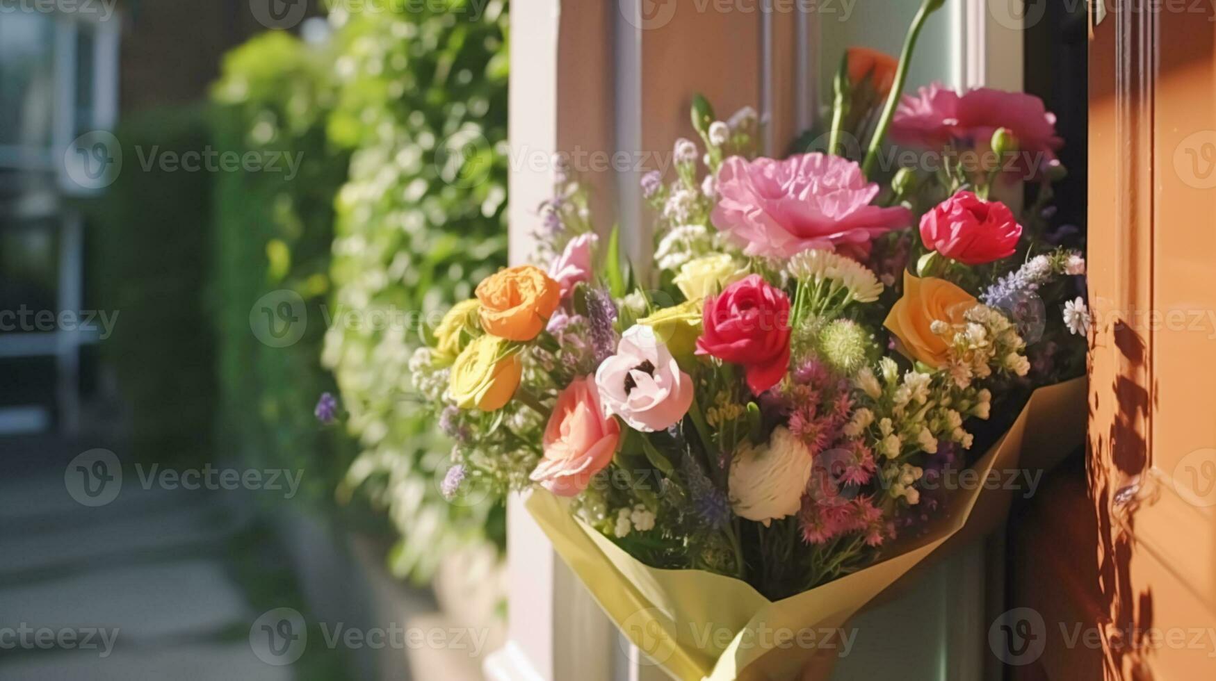 fleur magasin livraison et vacances cadeau postal service, magnifique bouquet de fleurs sur une maison seuil de porte dans le campagne, génératif ai photo