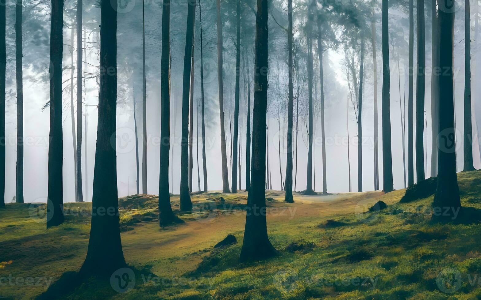 éthéré enchantement, une captivant aperçu dans le mystique beauté de une couvert de brouillard forêt paysage. ai généré photo