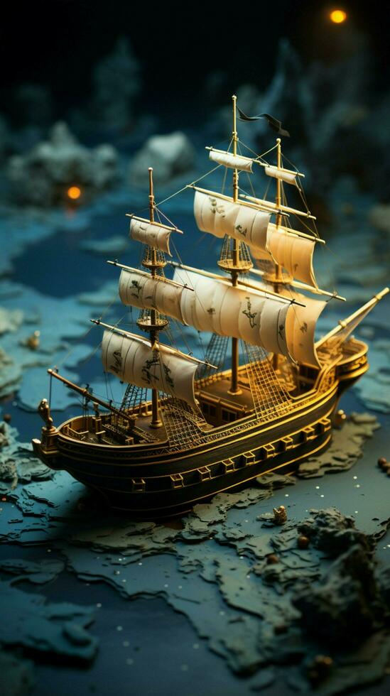 maritime voyage, bateau symbole voyages sur le carte à île paradis verticale mobile fond d'écran ai généré photo