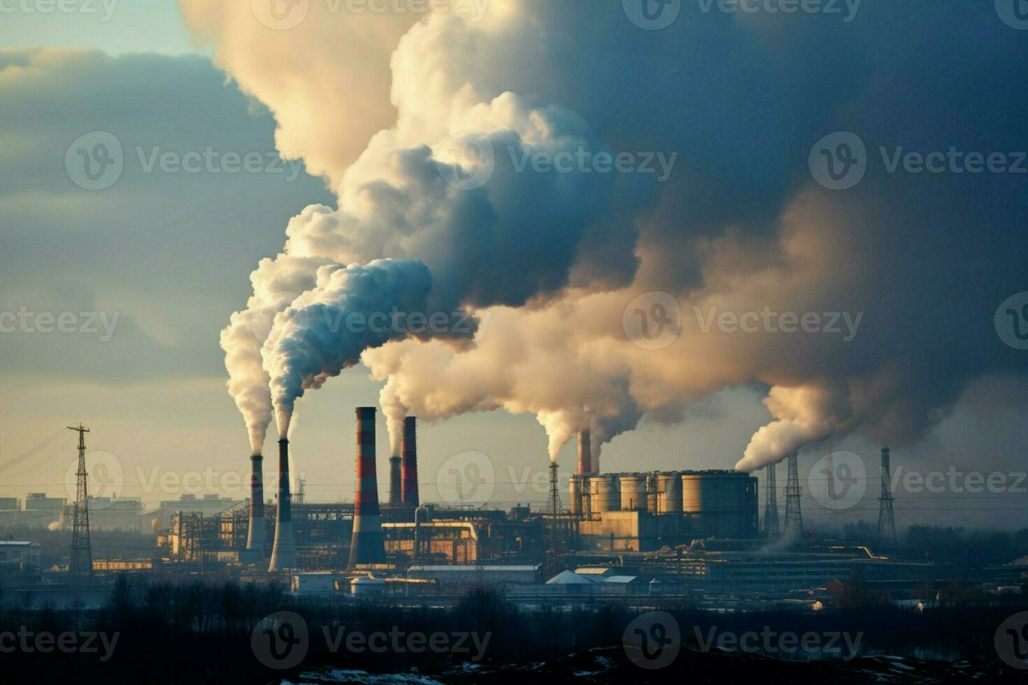 usine cheminées vomir enfumé brume, industriel les zones air la pollution s'étouffe alentours ai généré photo