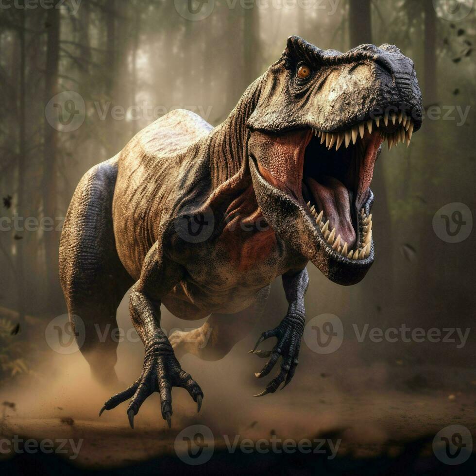 tyrannosaure, t-rex dans le forêt arrière-plan, génératif ai photo