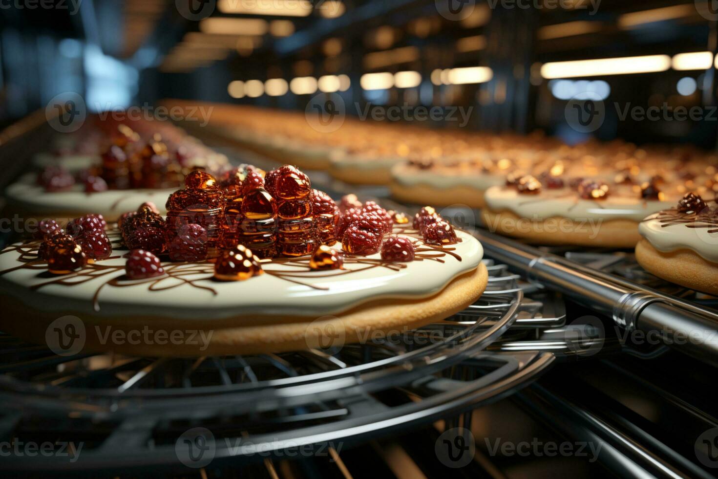 Gâteaux planer le long de automatique convoyeur, une sucré vue dans boulangerie ai généré photo