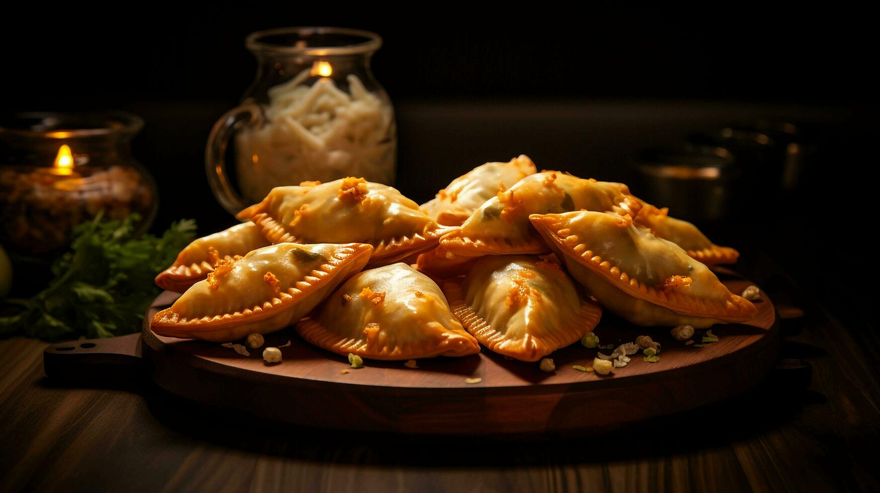 un séduisant image de Fruit de mer Empanadas sur une magnifiquement arrangé en bois plat, ai généré photo