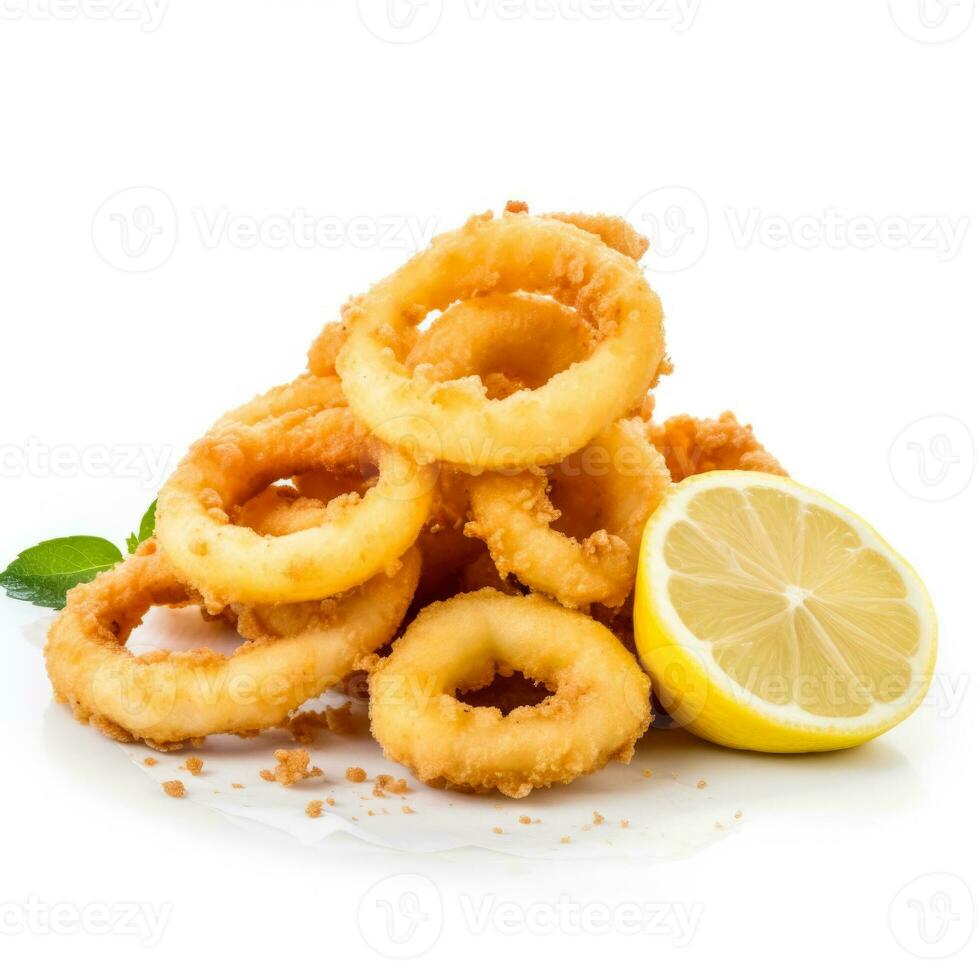 frit calamars anneaux avec piquant citron étonnamment isolé sur une pur blanc Contexte photo