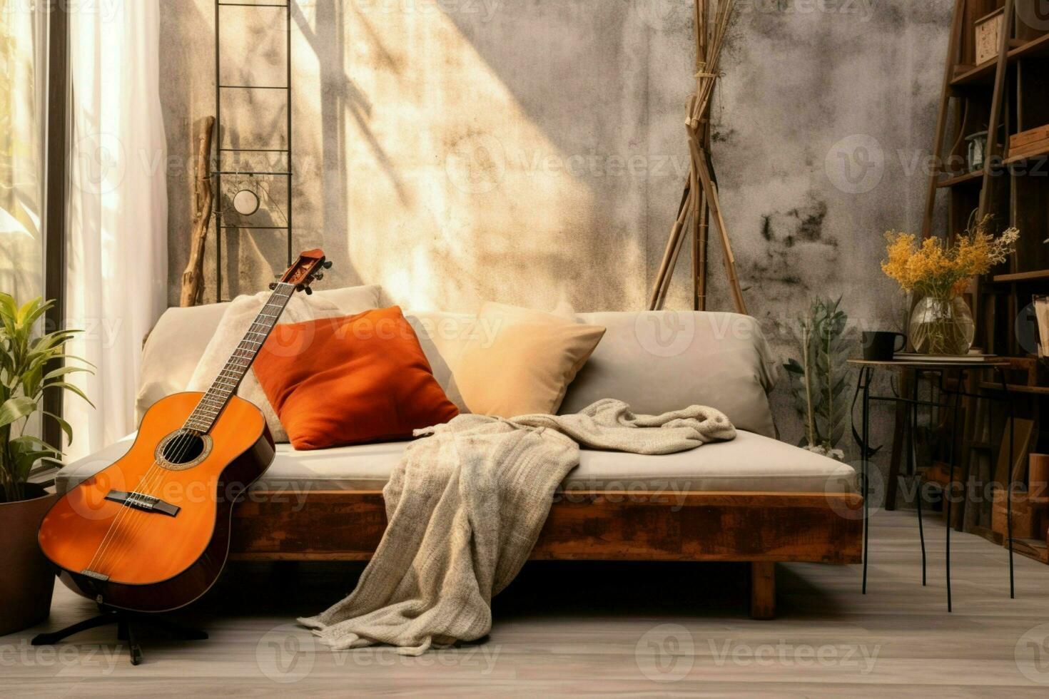 confortable la modernité définit le vivant chambre, où une guitare ajoute personnage. ai généré photo