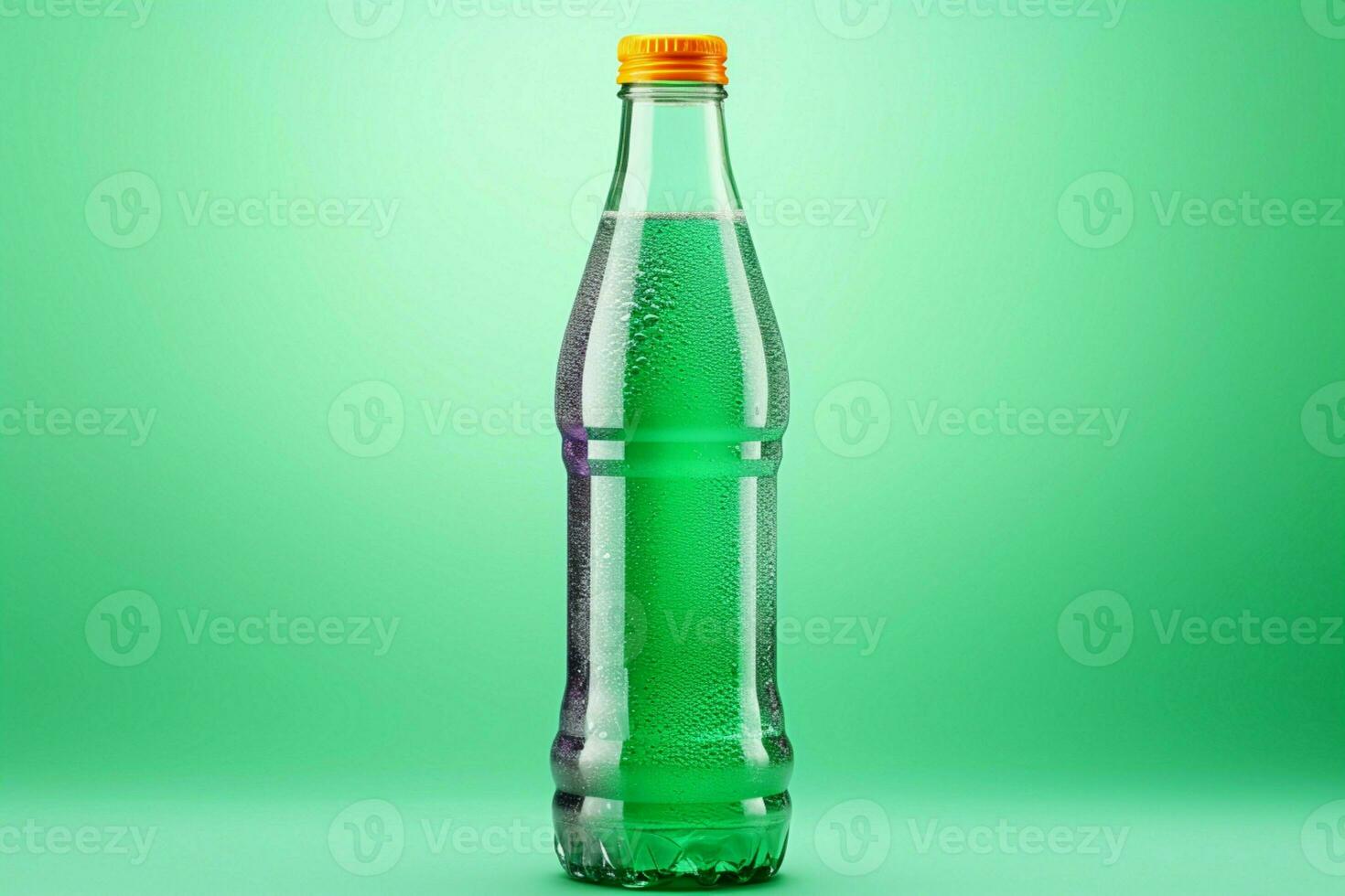 une créative en forme de Plastique bouteille, peut-être pour un soda ou minéral eau, sur une coloré studio toile de fond ai généré photo