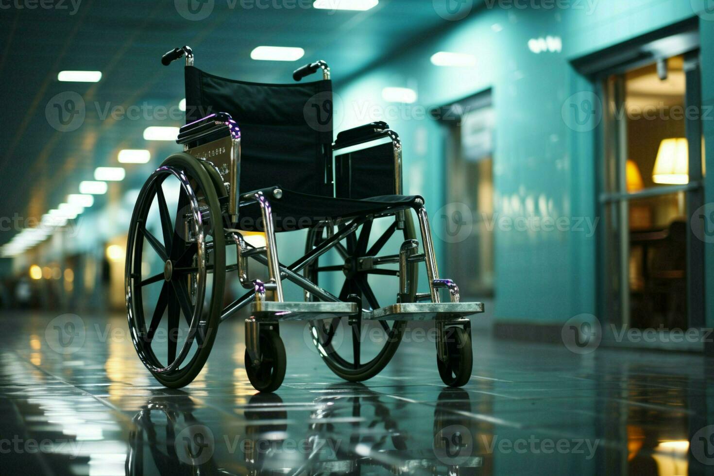 vide fauteuil roulant positionné dans salle, signifiant une les patients temporaire absence ai généré photo