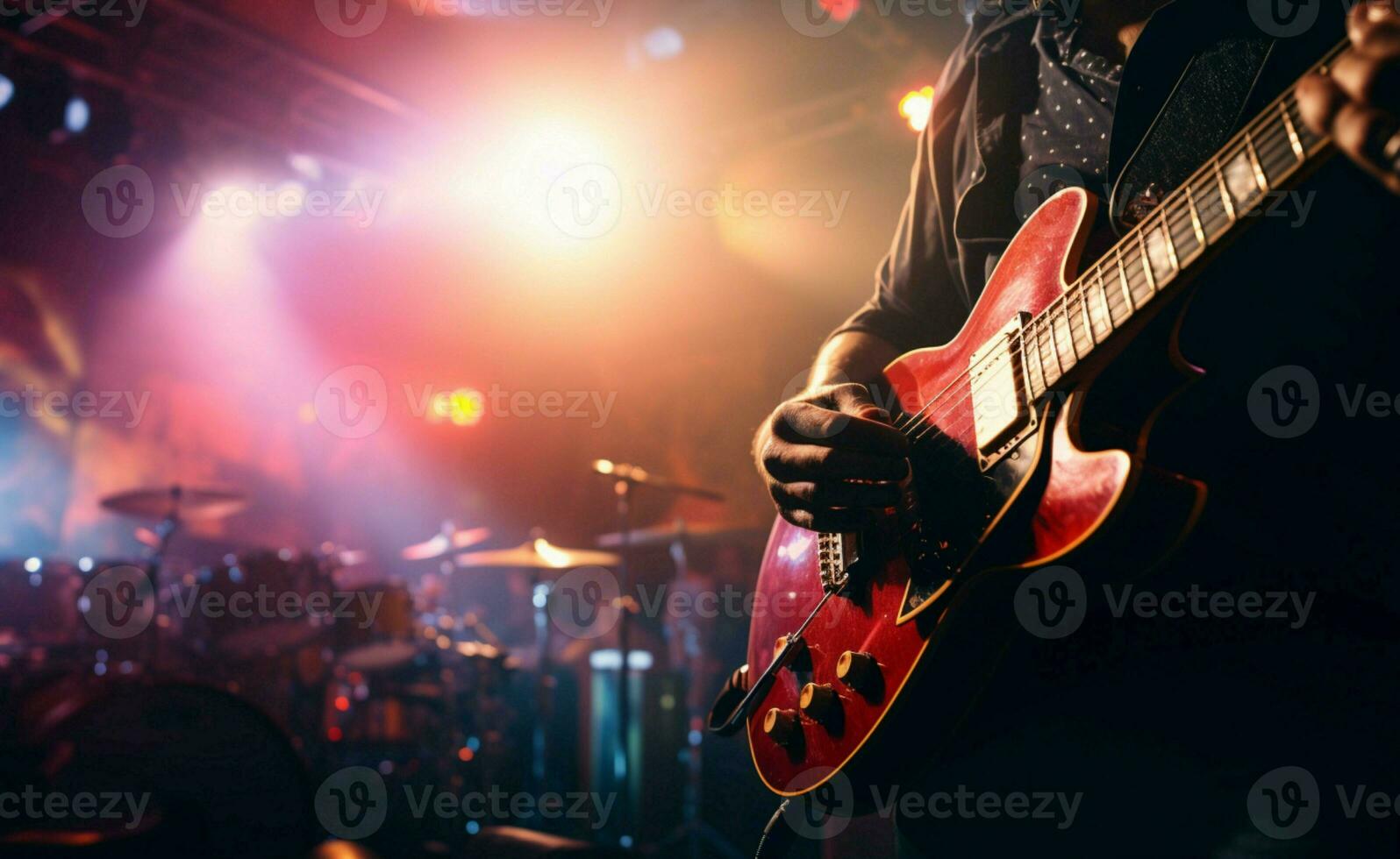 le le guitariste présence brille sur étape contre une doucement flou Contexte. ai généré photo