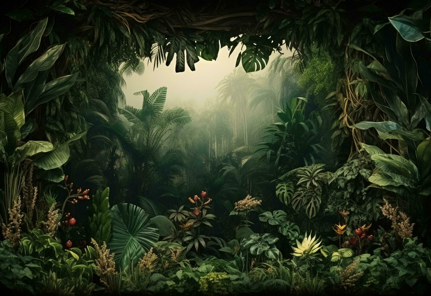 ai génératif magnifique jungle Contexte avec frontière fabriqué de tropical feuilles toile de fond avec copie espace photo