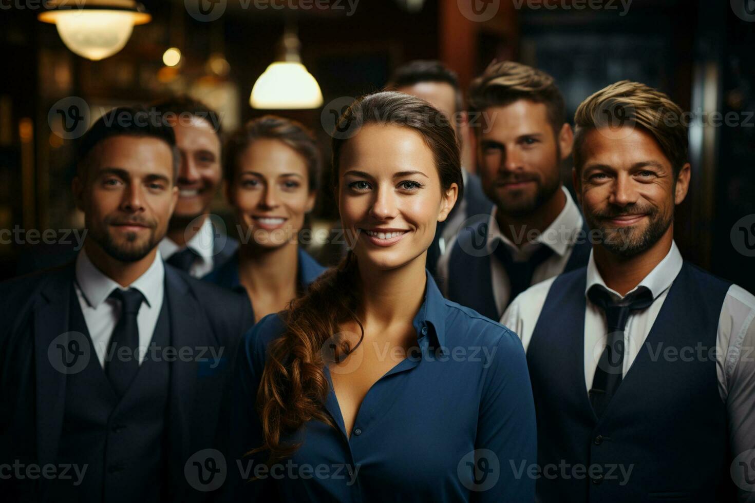 ai génératif groupe de content affaires homme et affaires femmes, habillé dans costume sont souriant, dans le Bureau photo