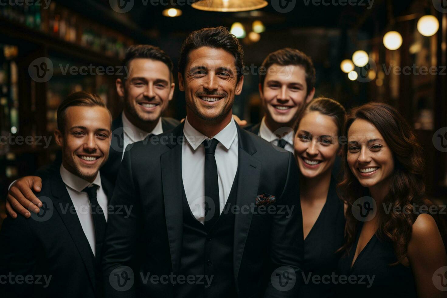 ai génératif groupe de content affaires homme et affaires femmes, habillé dans costume sont souriant, dans le Bureau photo