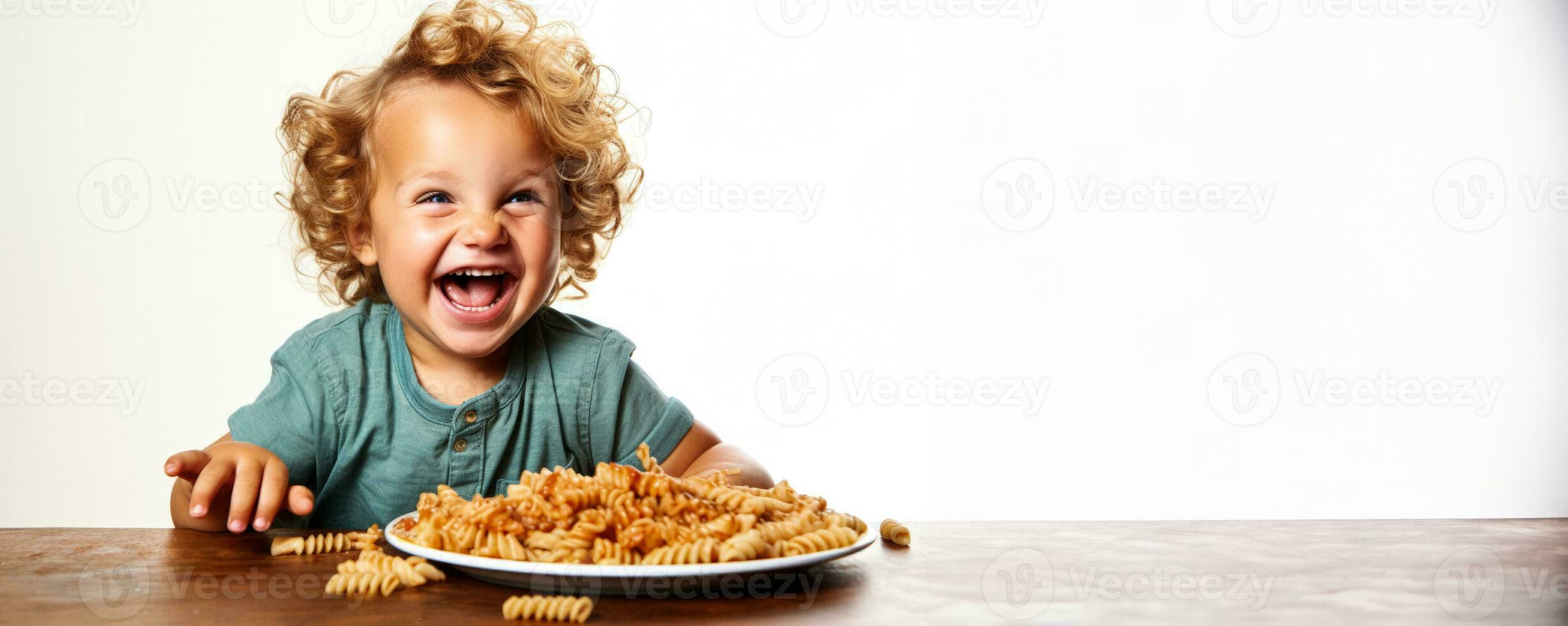 Jeune enfant joyeusement en mangeant Pâtes à italien restaurant isolé sur une blanc Contexte photo