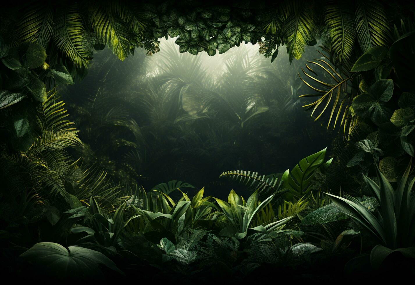 magnifique jungle Contexte avec frontière fabriqué de tropical feuilles toile de fond avec copie espace photo